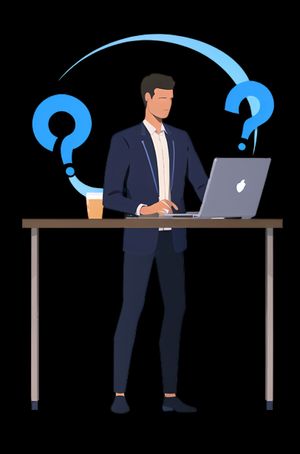 main standing next to a laptop with a question mark over his head